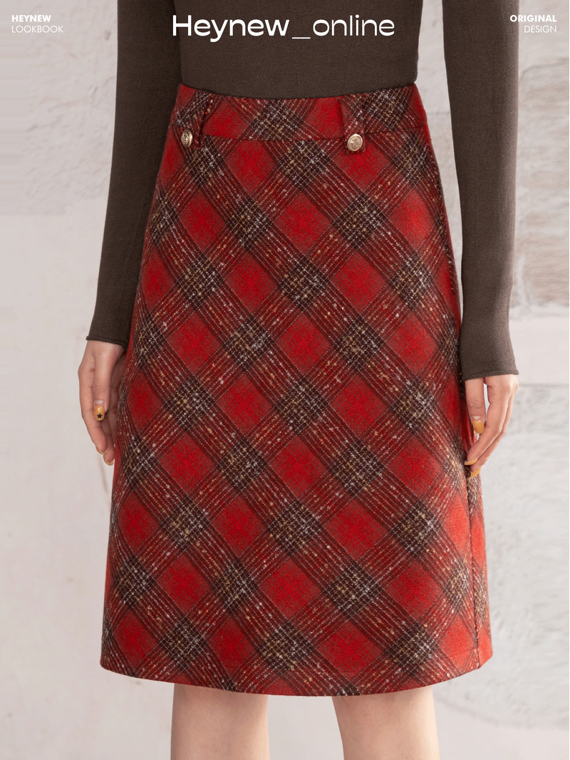 LOVEHEYNEW红色圣诞格纹a字半身裙女冬季显腿长新年直筒裙-5D437