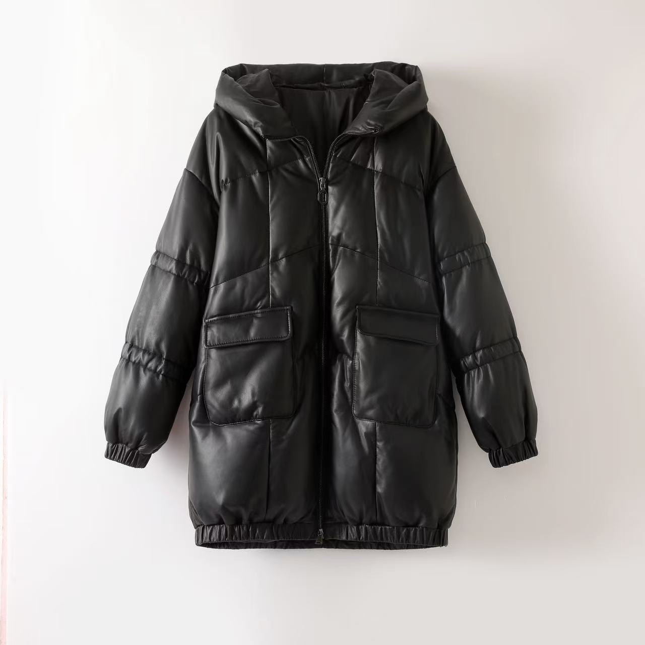 女装时尚百搭女士长款秋冬简约绵羊皮长款纯色皮羽绒服