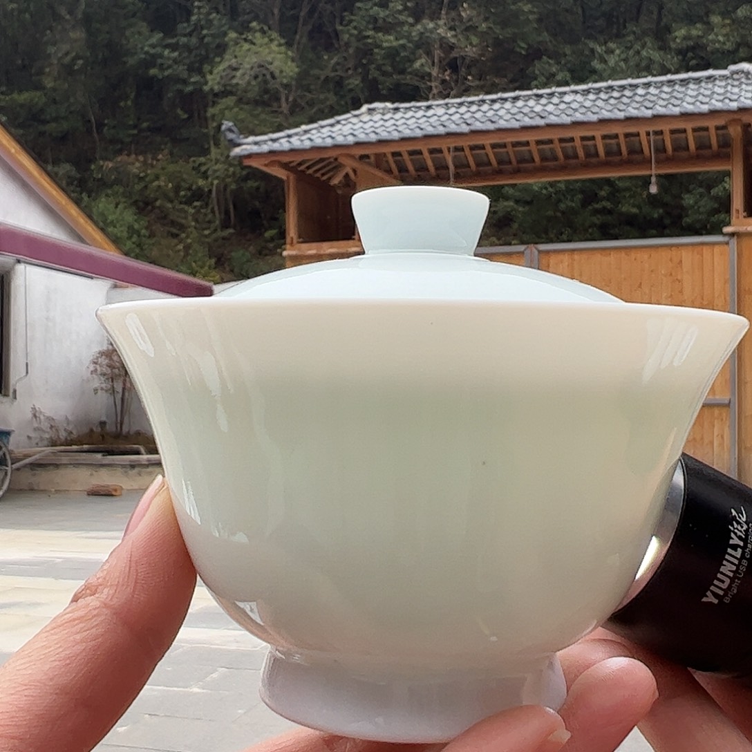 瓷柴窑 素胎两才盖碗，微瑕变形
