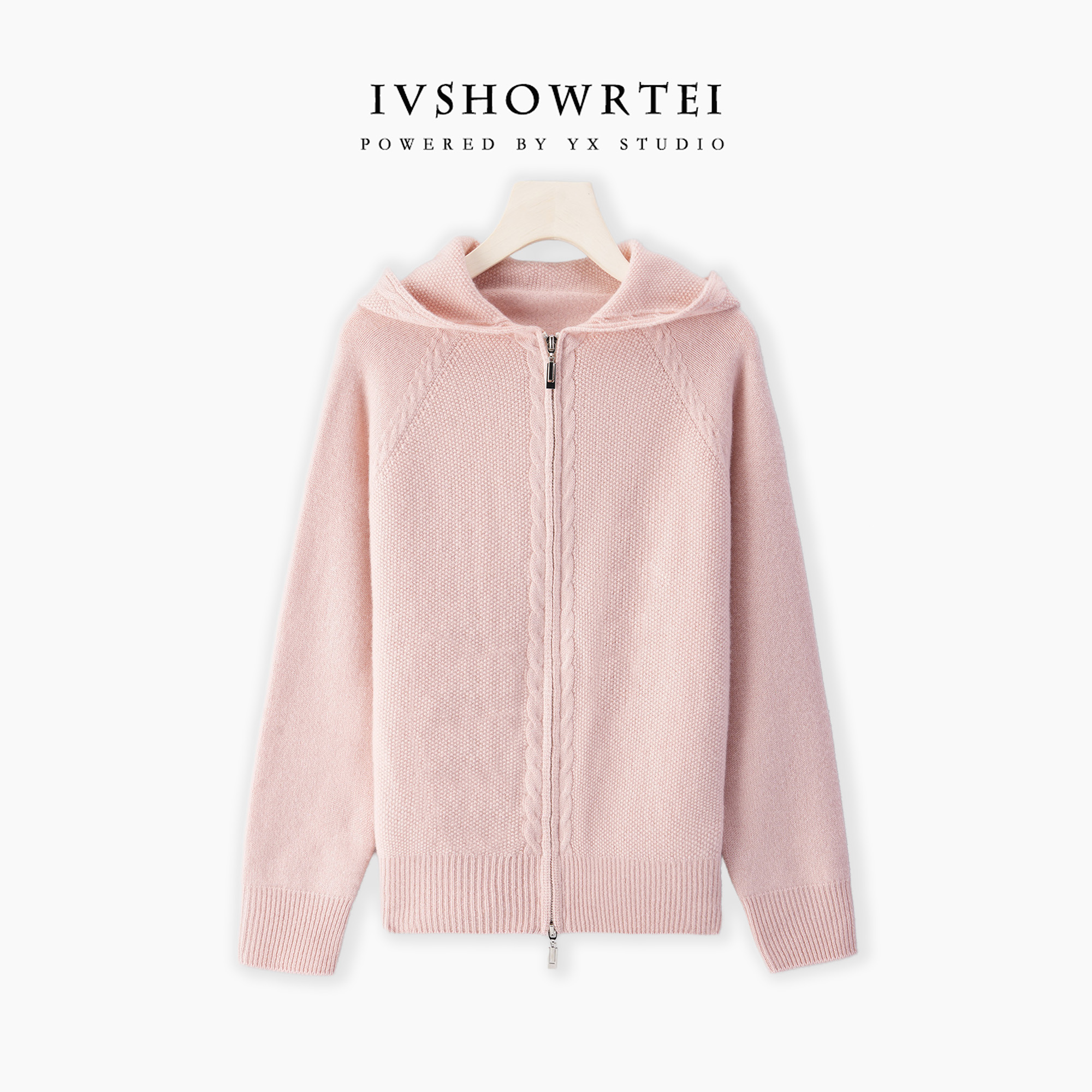 百搭柔软纯山羊绒加厚纽花女士百搭一线拉链帽衫 YXW25001