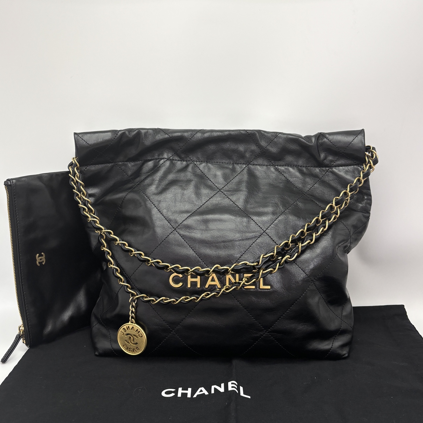 99新 Chanel/香奈儿 黑金22bag小号子母单肩包07004