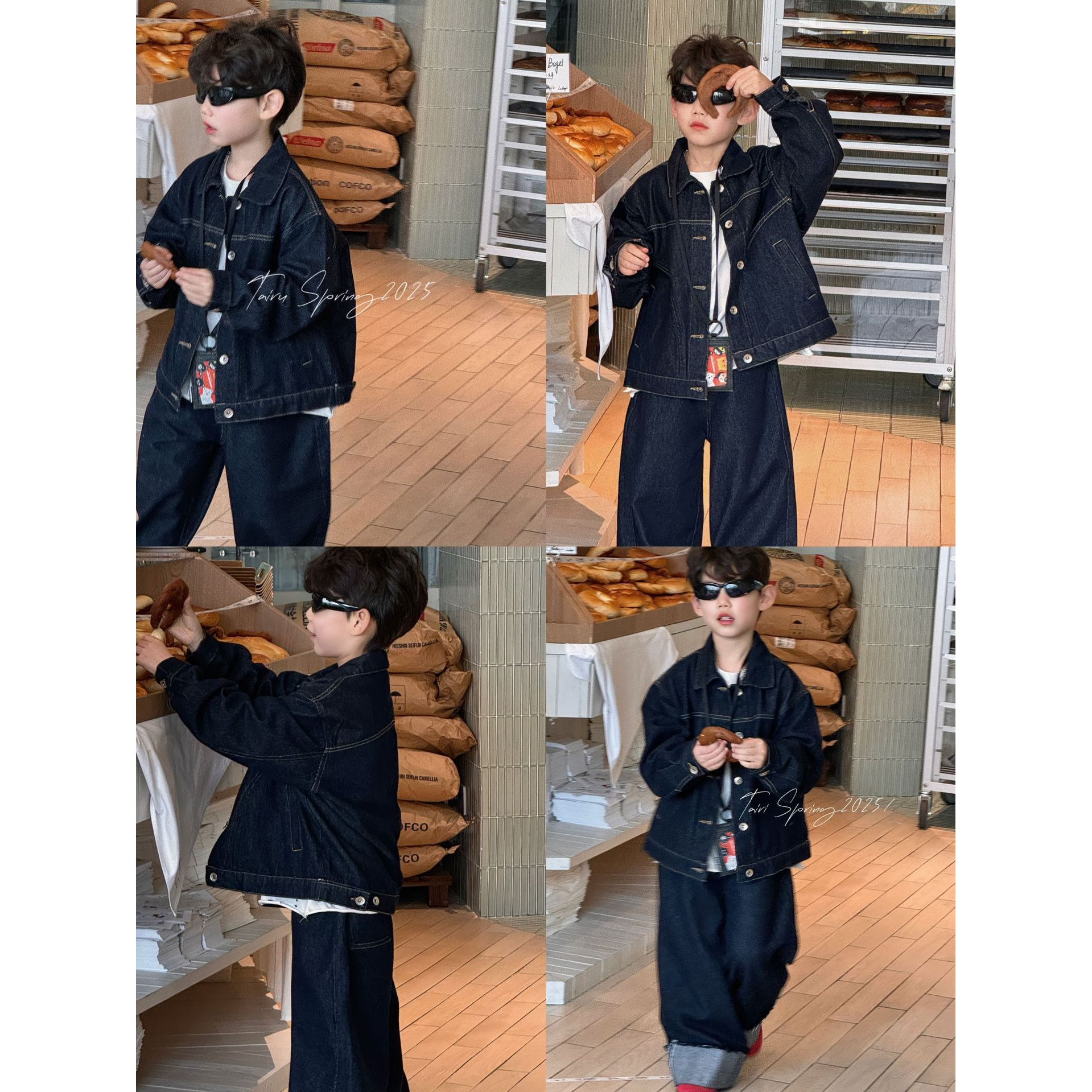 BASITU2025春季新款韩版男童百搭纯色复古牛仔套装儿童两件套潮