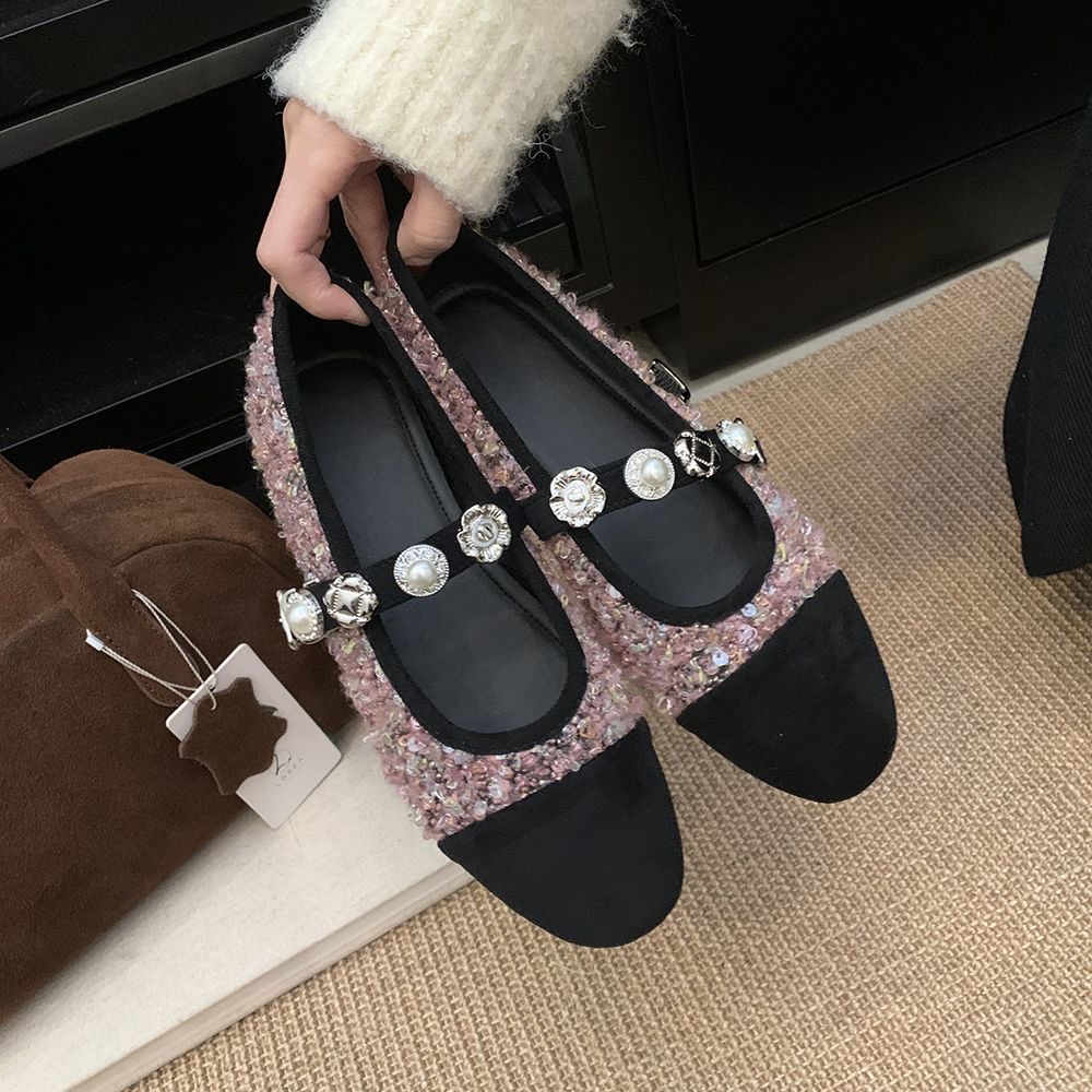 7166-7小香风玛丽珍鞋高级感女鞋2025春秋新款珍珠一字低跟单鞋