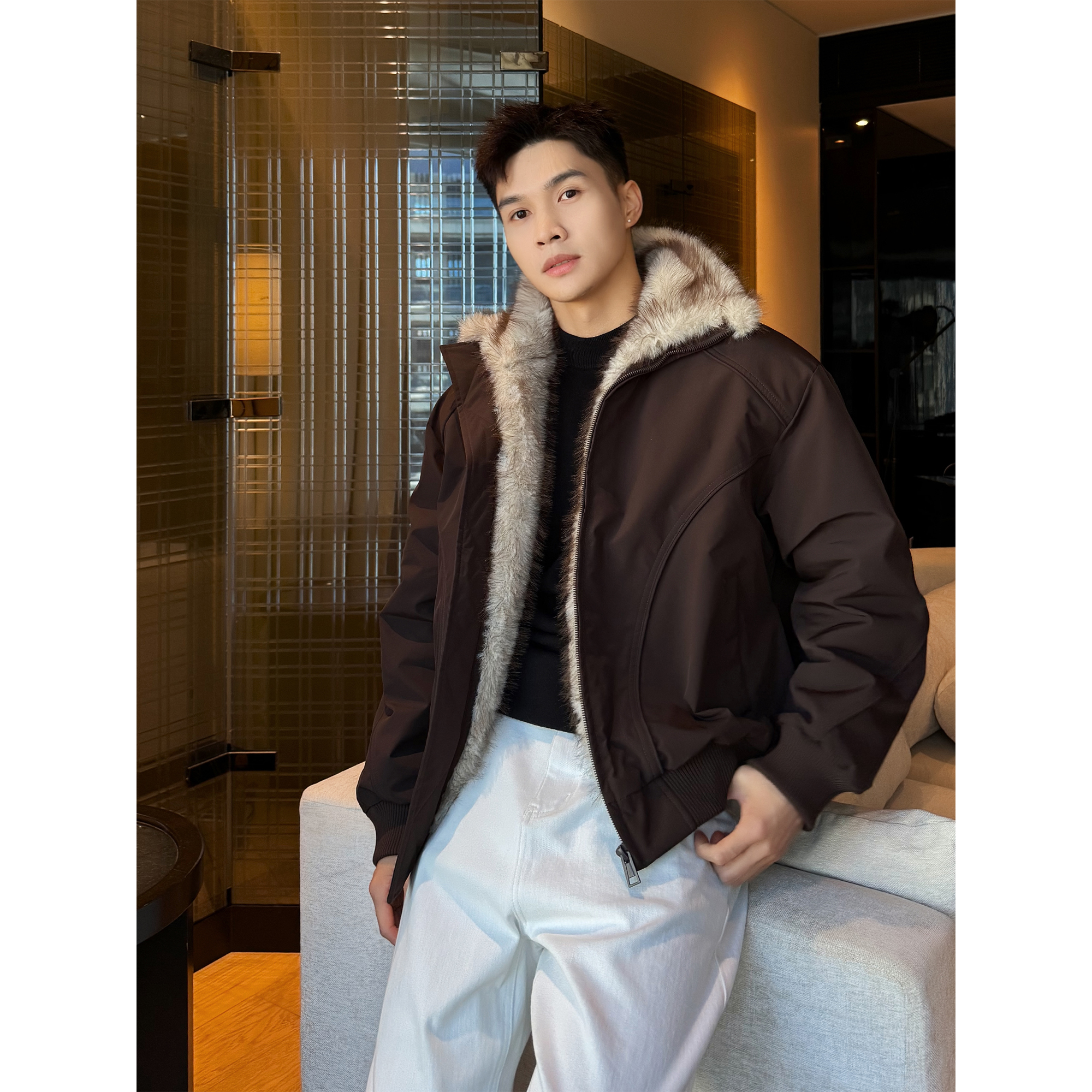 廓形座山雕「90白鸭绒」秋冬翻领解构设计毛领保暖防风羽绒服外套男