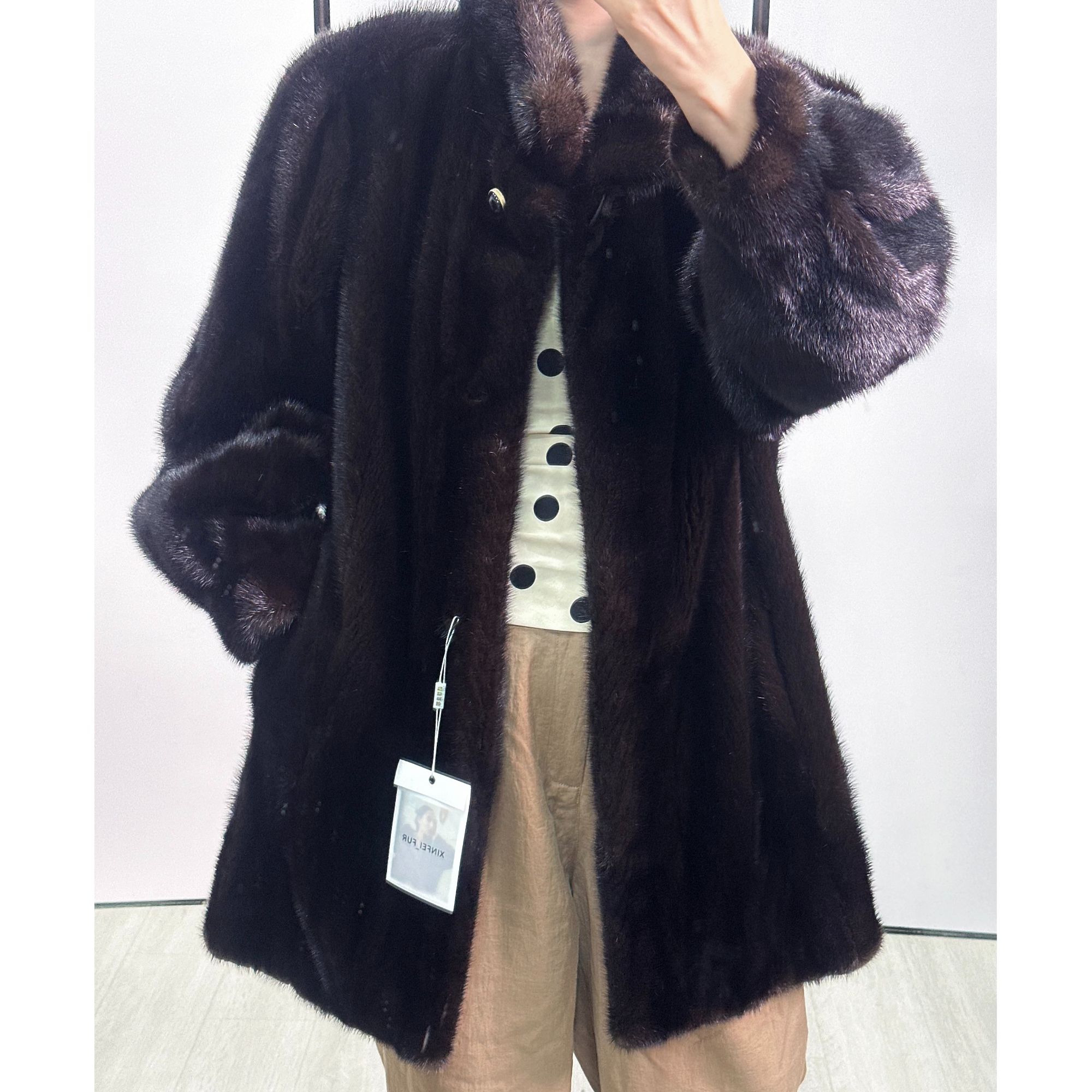 B172，XL，黑棕色逆毛抽刀立领收口袖水貂外套