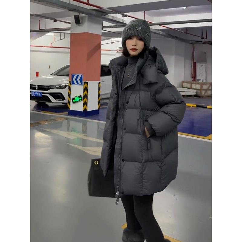 烟灰色羽绒服女中长款加厚小个子中款2025新款冬季泡芙白鸭绒外套