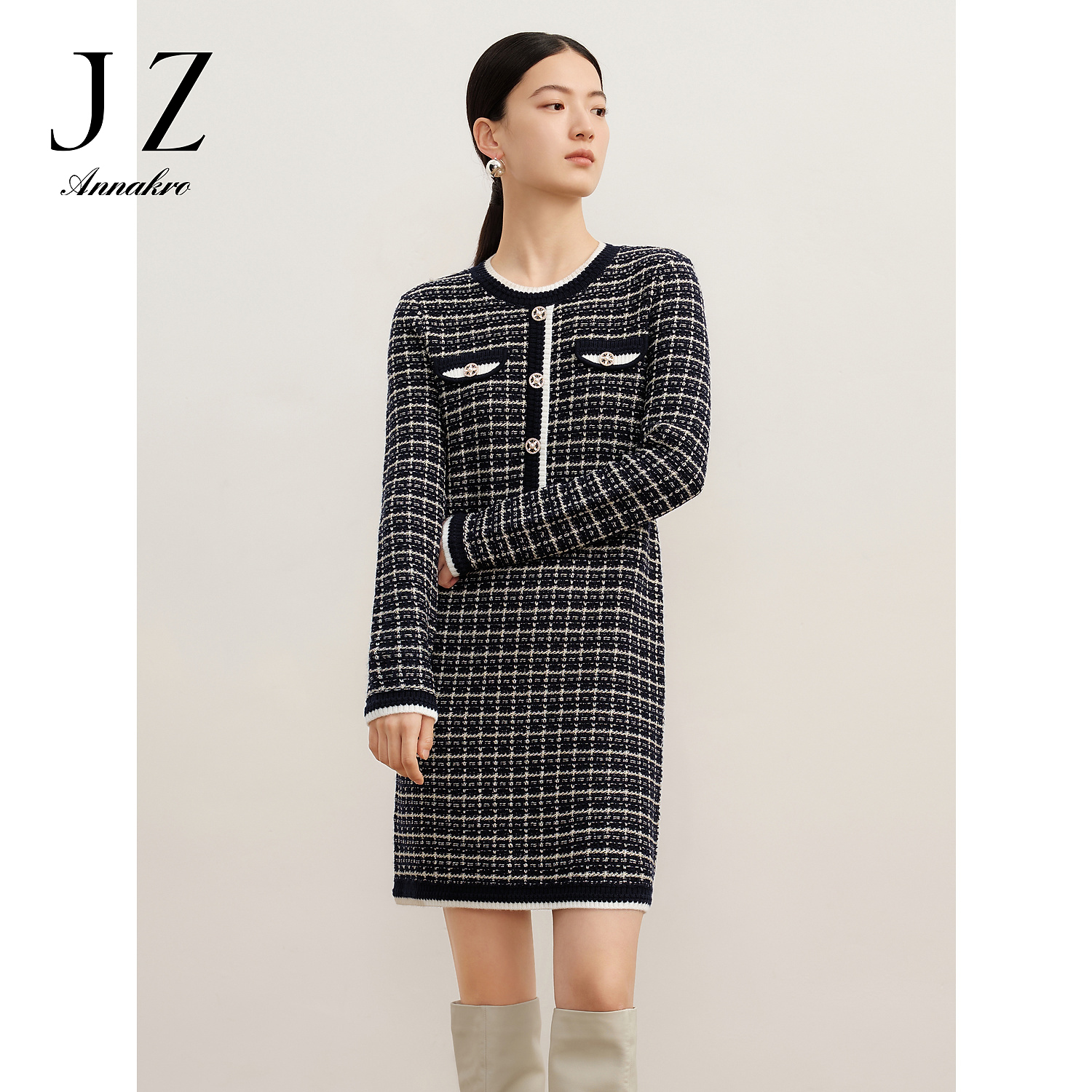 【KK专属】玖姿·安娜蔻JTDD31426浪漫格纹圆领内搭毛衫连衣裙女