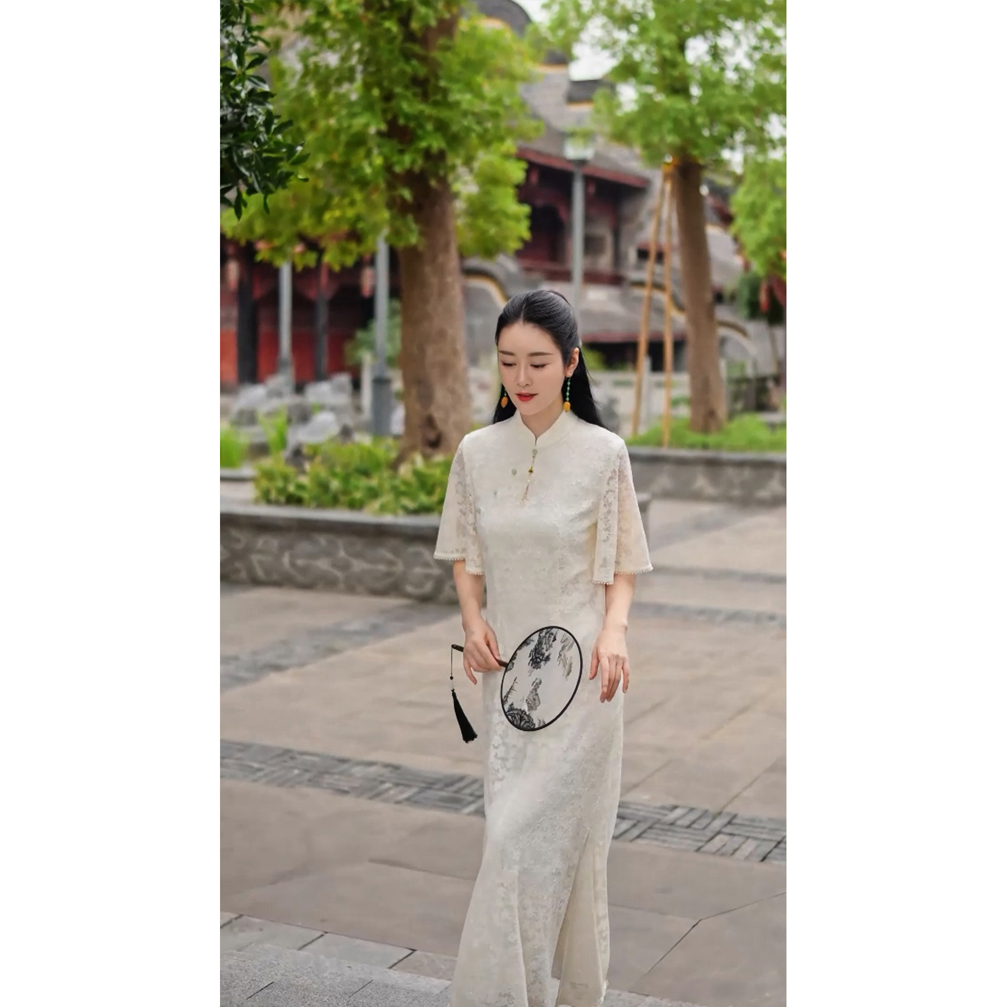 【明珠香影】夏季新中式白色蕾丝气质日常休闲显瘦长款连衣裙