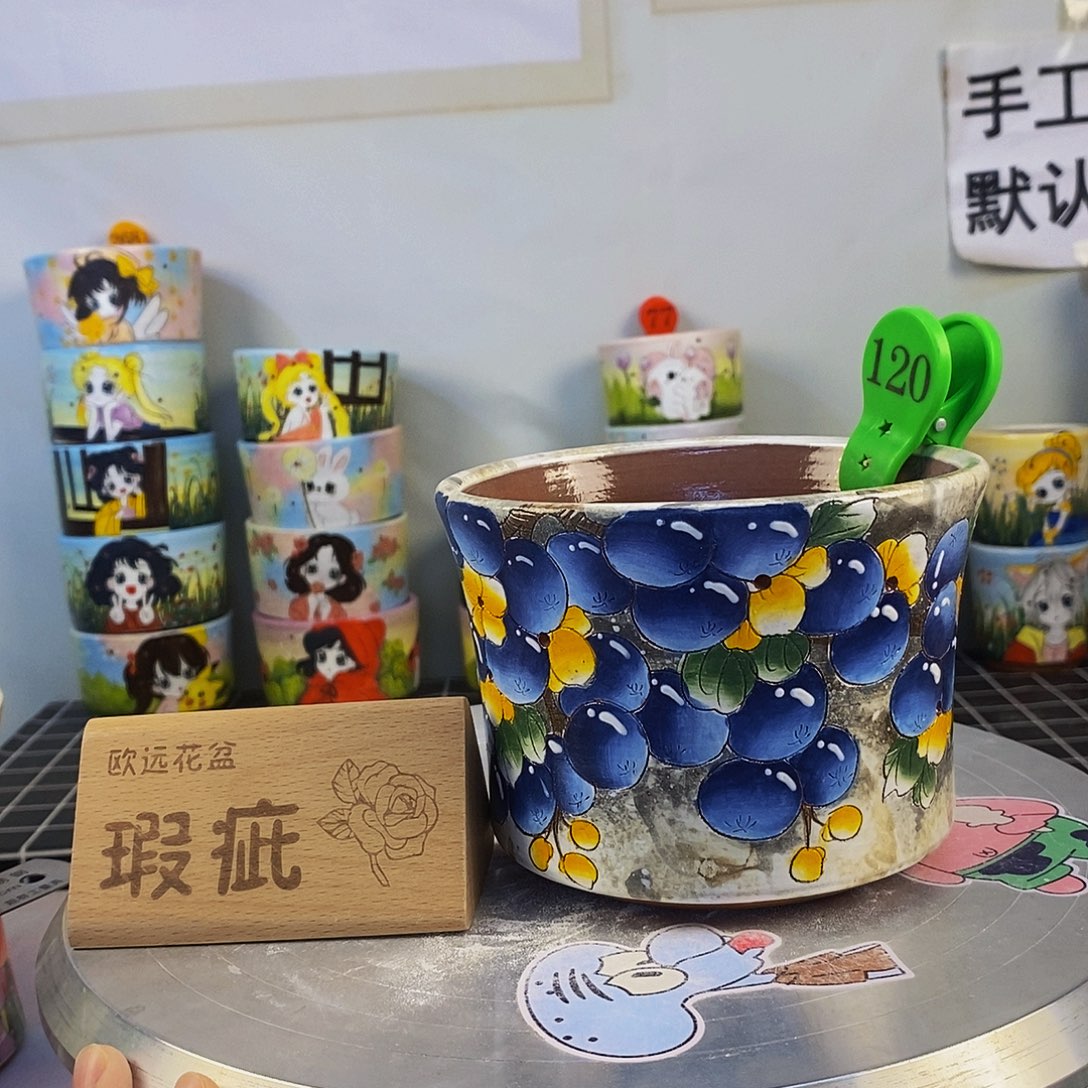 紫砂花盆红陶手绘花盆
