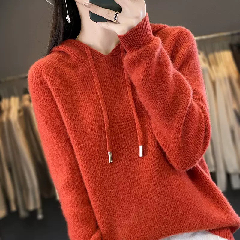 羊毛衫秋冬女装新款韩版宽松连帽卫衣纯色针织打底套头帽衫