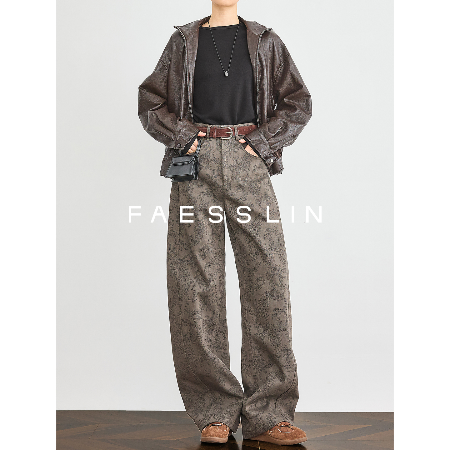 FAESSLIN93折【独型宣言】立体提花宽松加绒阔腿裤加长镰刀裤女冬