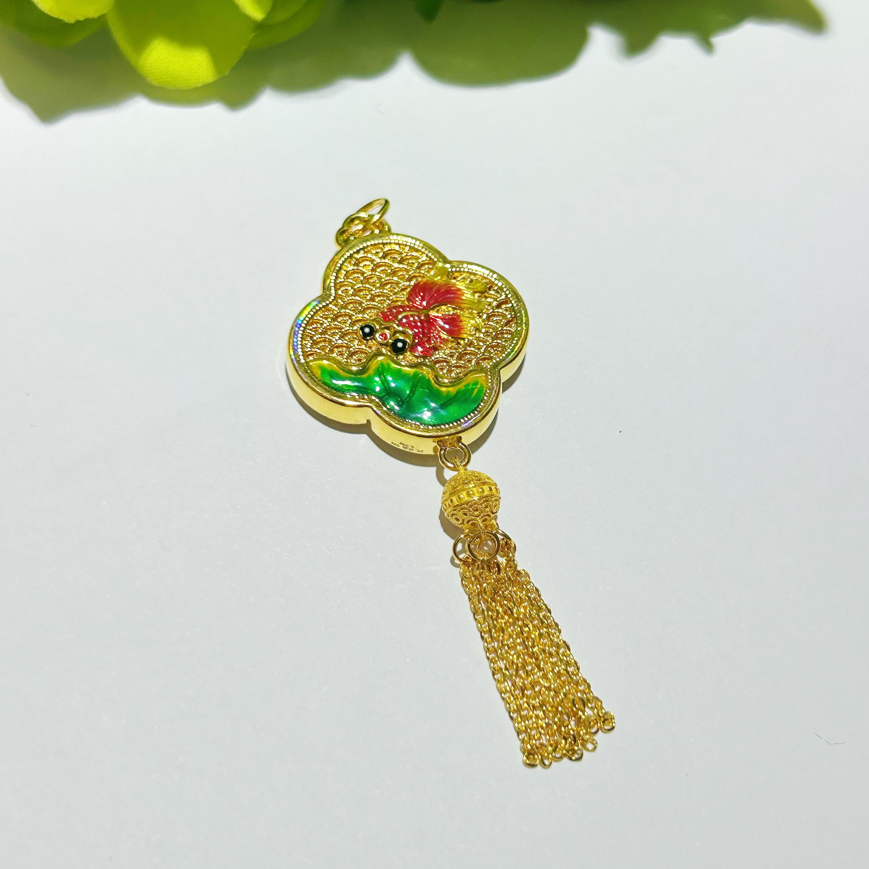 【富远黄】足金5D珐琅镂空四叶草流苏吊坠挂坠