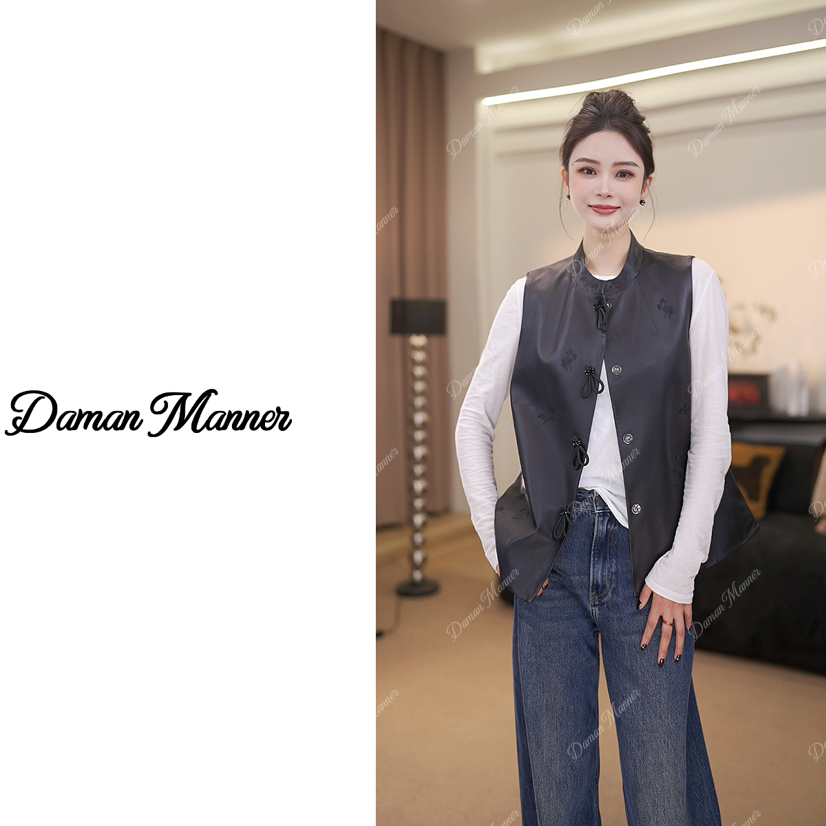 DAMAN | 新中式刺绣国风小羊皮纯色真皮无袖马甲女士春秋款96237