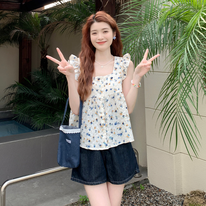 慕兔法式小飞袖方领碎花衬衫女2024夏季新款设计感甜美洋气娃娃衫