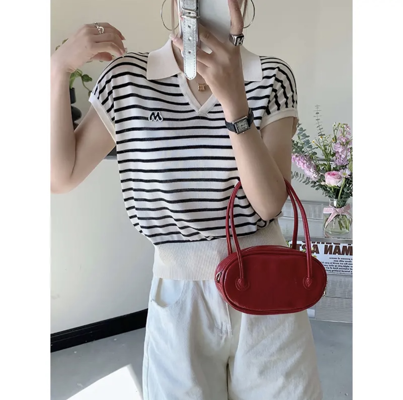2025春夏款高级感翻领显瘦条纹提花短款针织衫短袖上衣女装