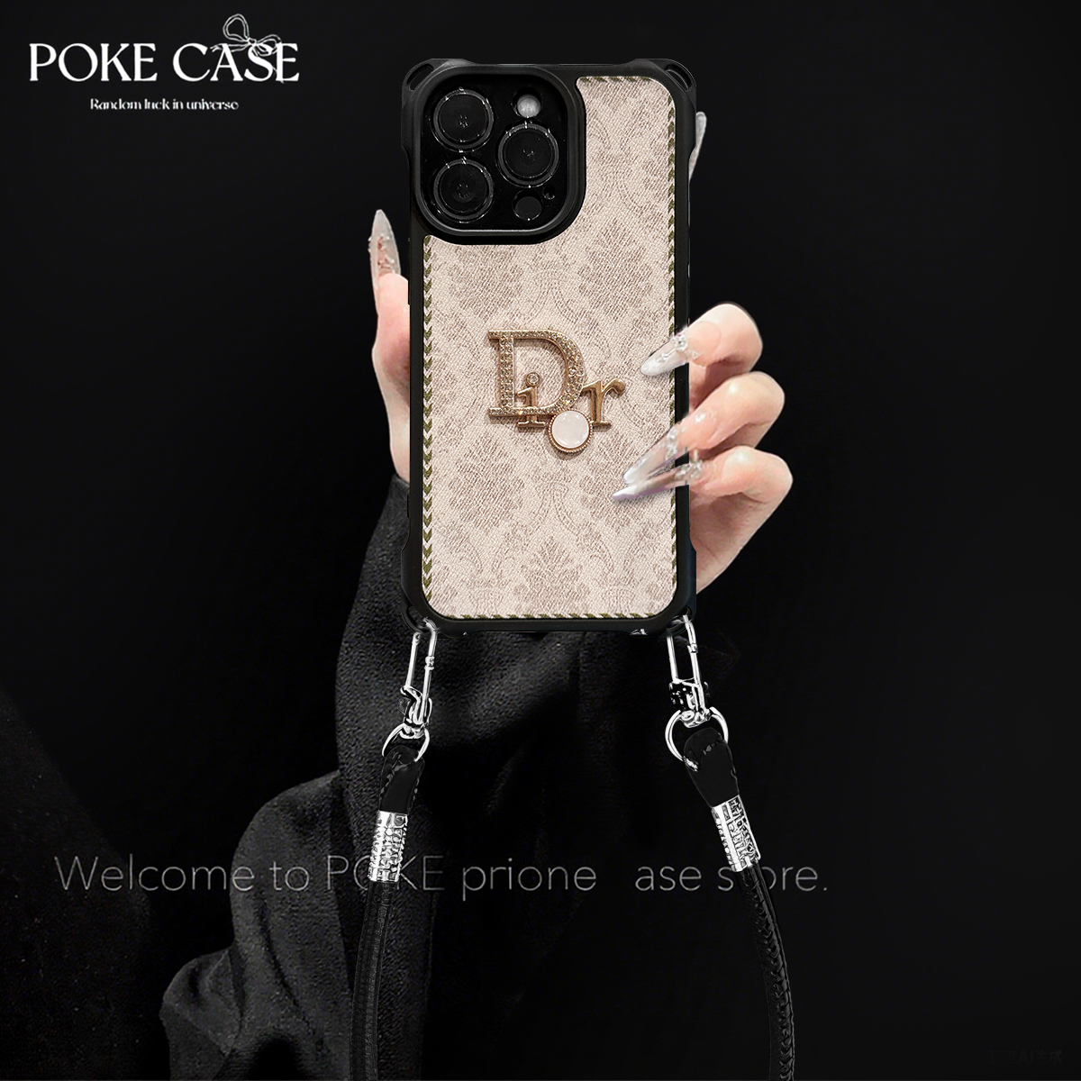 四角挂绳皮纹繁花D贴件适用华为红米苹果vivo小米oppo手绳壳