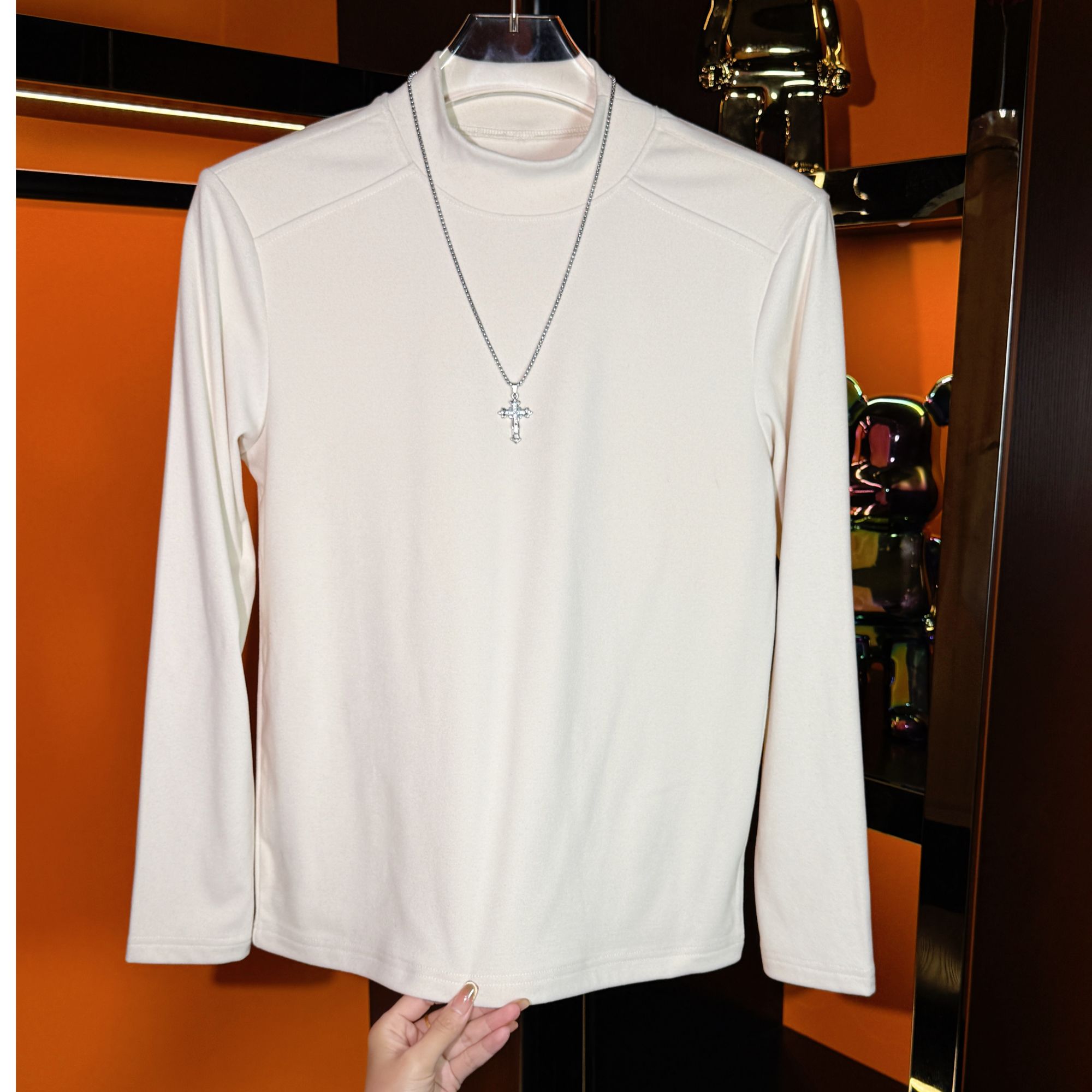 新款加绒加厚男士双面绒长袖修身型T恤白色修身上衣打底衫