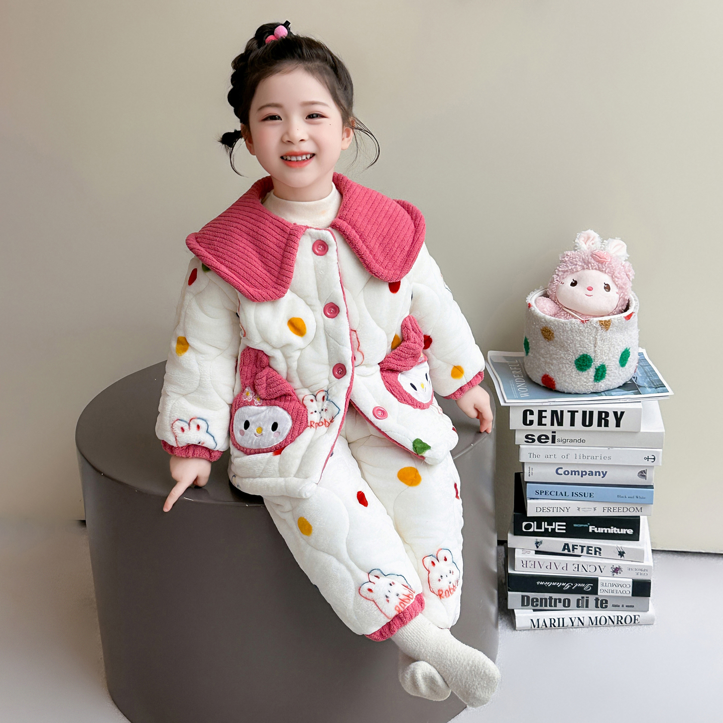 冬款加厚女童居家家居服套装女孩三层夹棉加绒儿童卡通保暖睡衣
