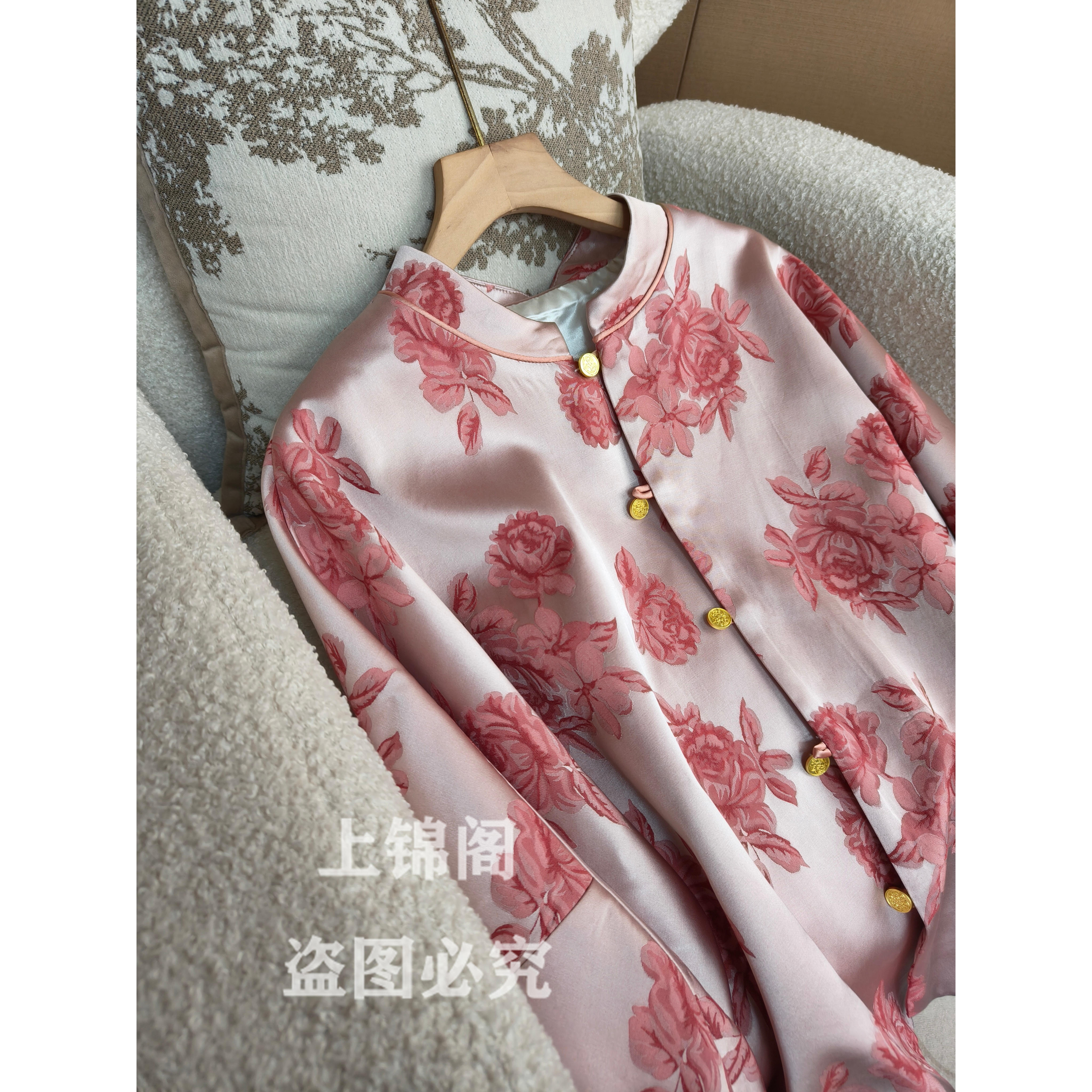 190新中式立领直襟粉色长袖外套气质百搭时尚中国风宽松女装上衣