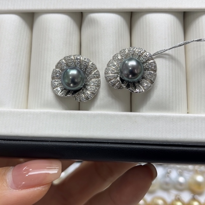 海水珍珠耳饰银S925镶嵌9-10mm