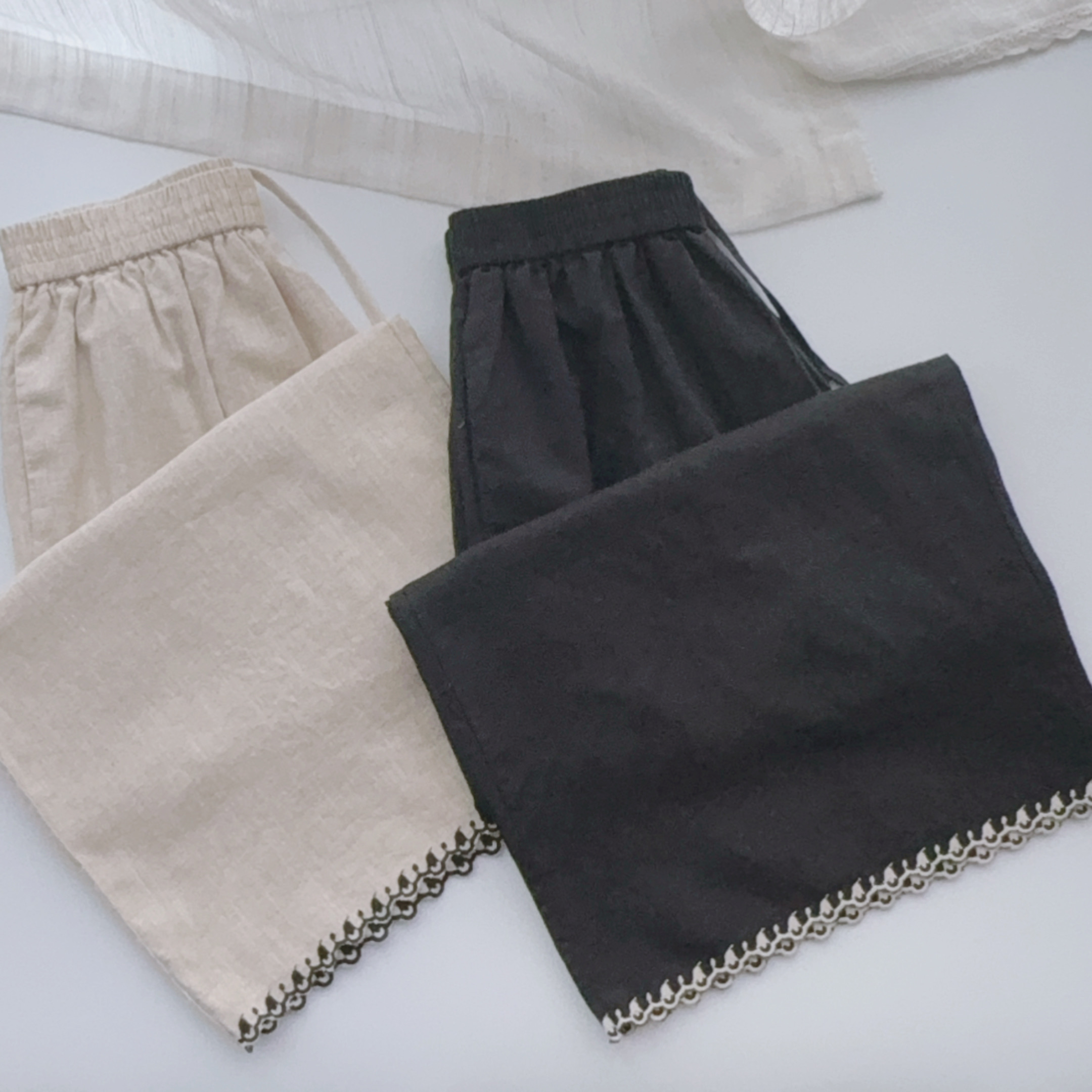 阔腿裤 初见沫日系自然腰腿裤刺绣宽松小众纯色麻裤休闲裤2515