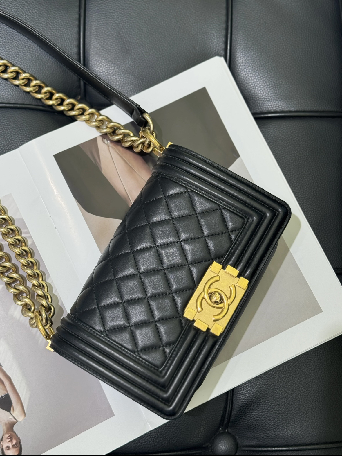 99新 Chanel/香奈儿 22222黑金小号光面leboy/单肩包/山山专属