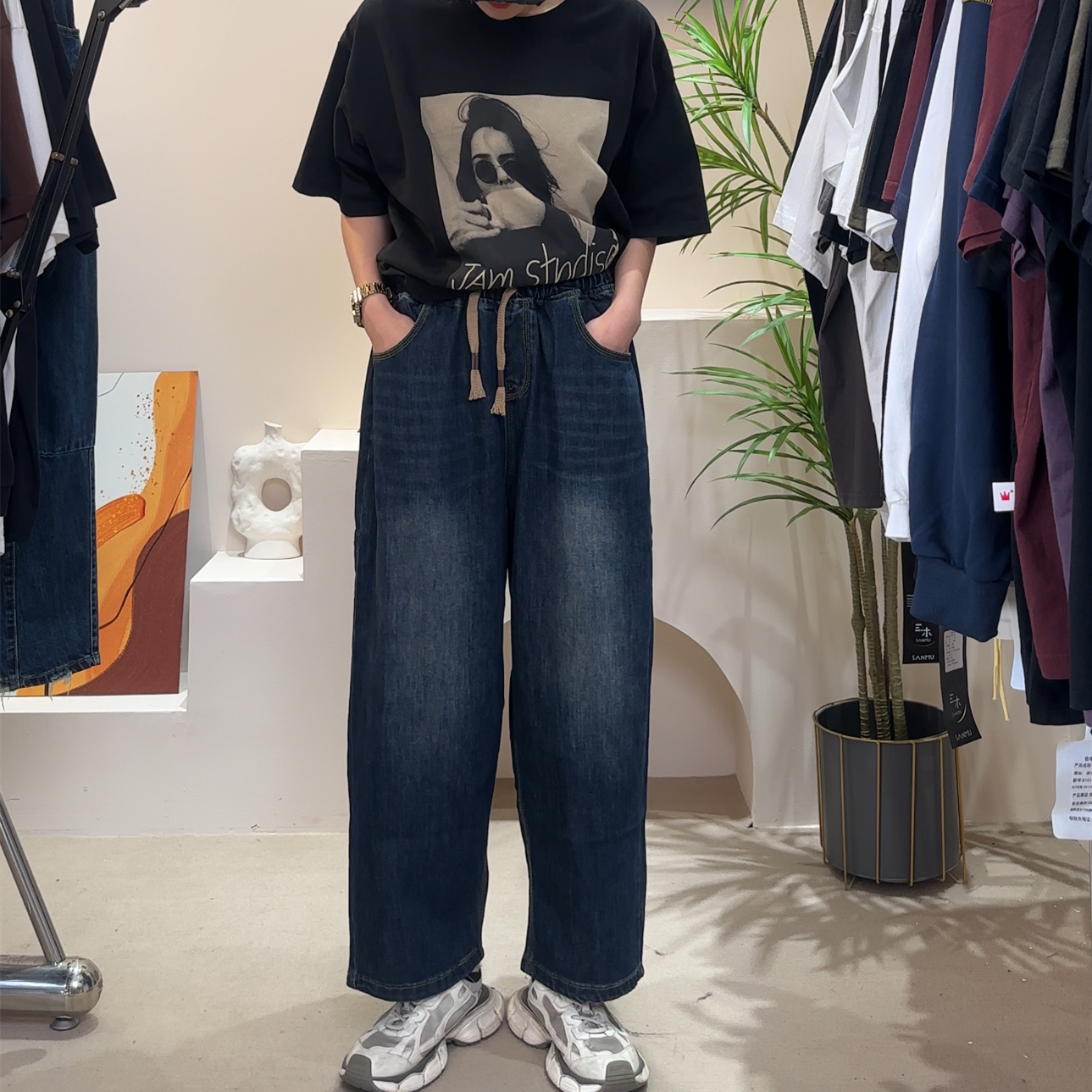 梓庭丹丹新款 秋季新款抽绳松紧腰复古百搭休闲水洗牛仔老爹裤