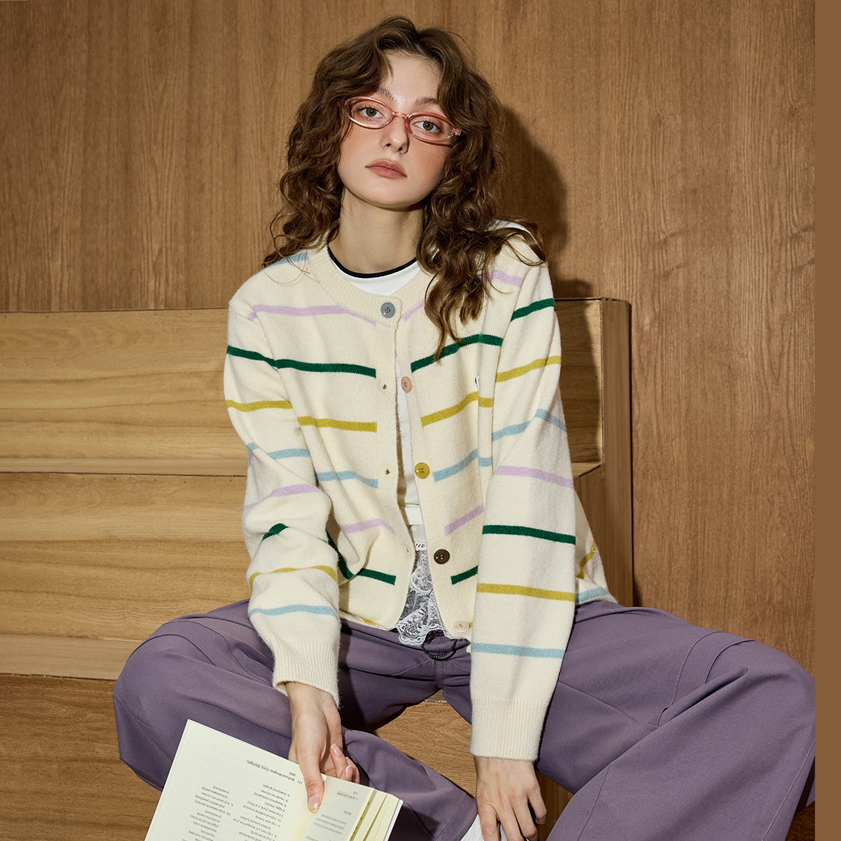 Coolhut【云C专属】条纹纯色设计圆领针织开衫毛衣外套CASCM2286