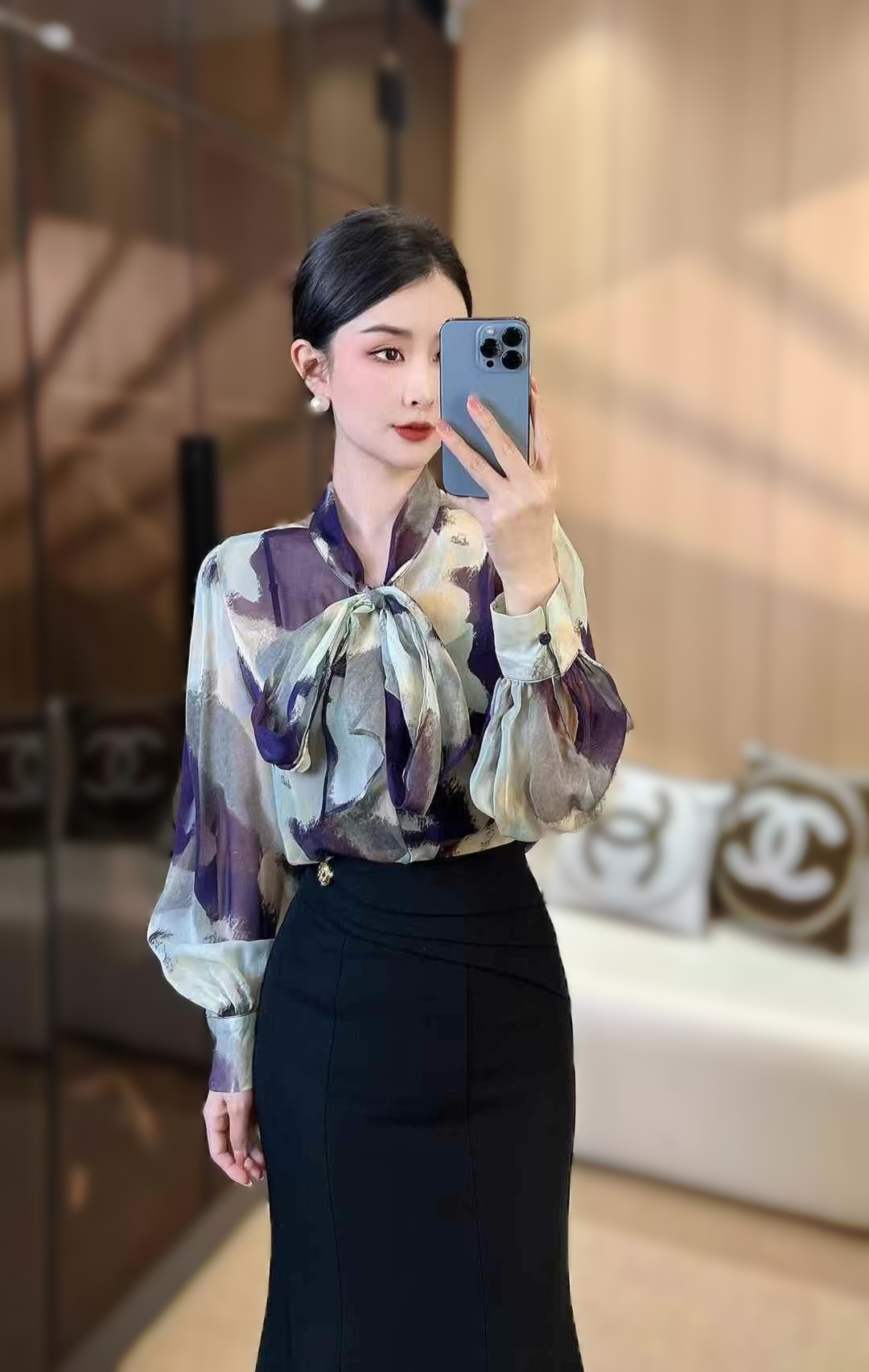 轻熟风蝴蝶结绑带衬衣新款优雅气质百搭扎染长袖32031