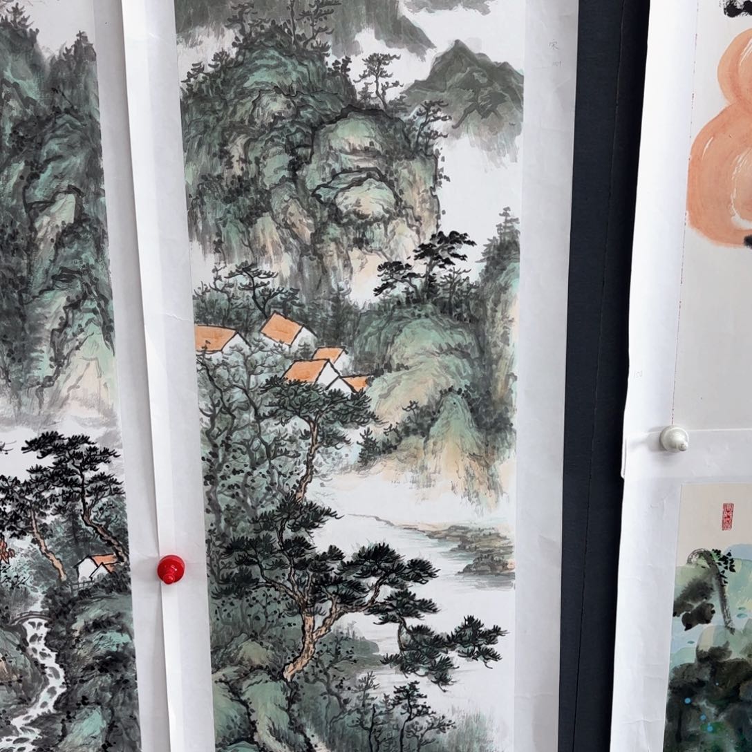 国画小*牛宋青松四尺对开童