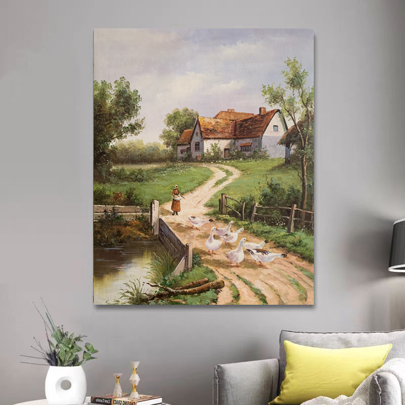 《乡径牧鹅》50*60含内框，刘春建手绘油画装饰画，客厅背景墙挂画