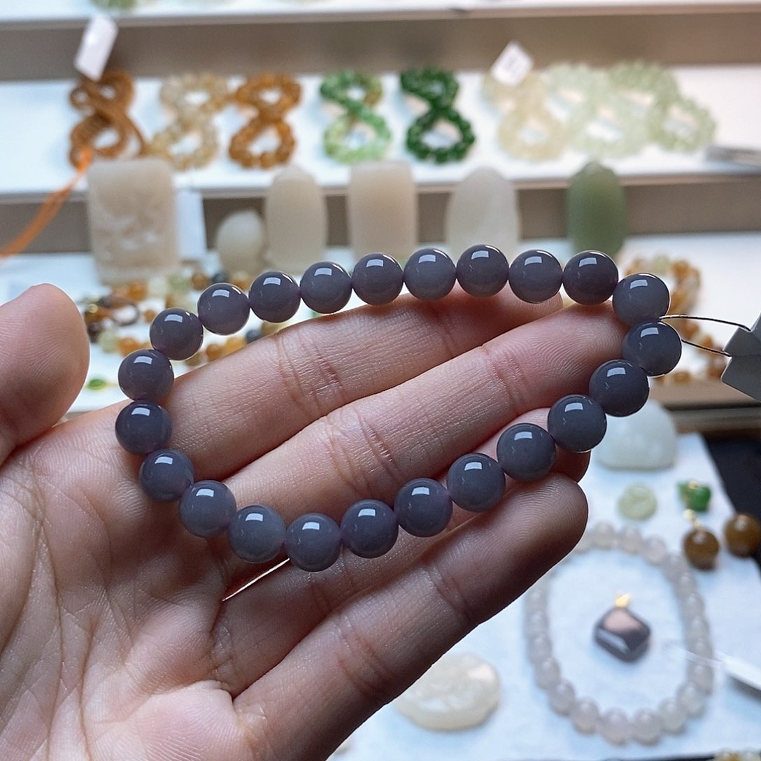 和田玉手链未镶嵌浓紫卡八