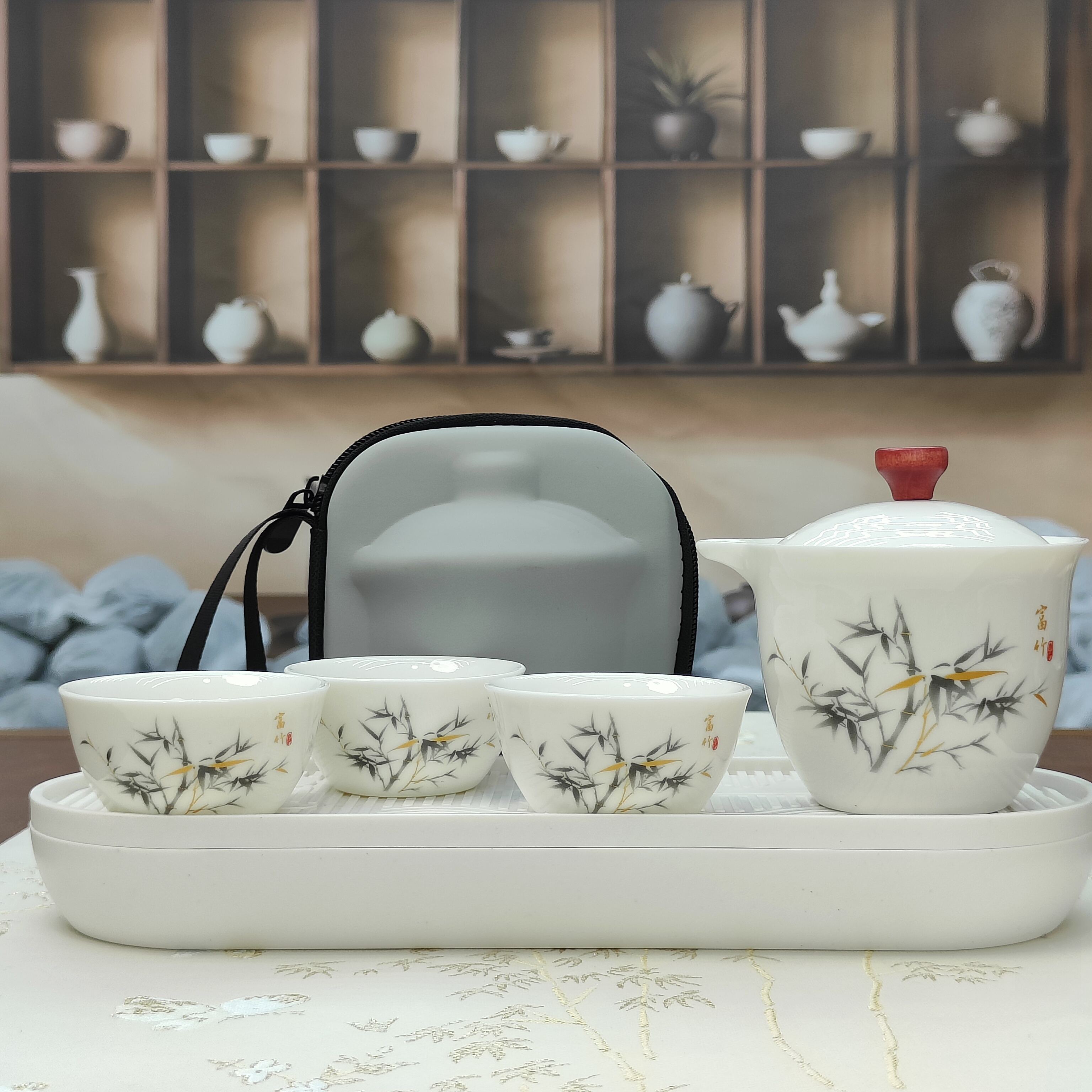 羊脂玉瓷富竹旅行茶具快客杯带茶盘FL-223