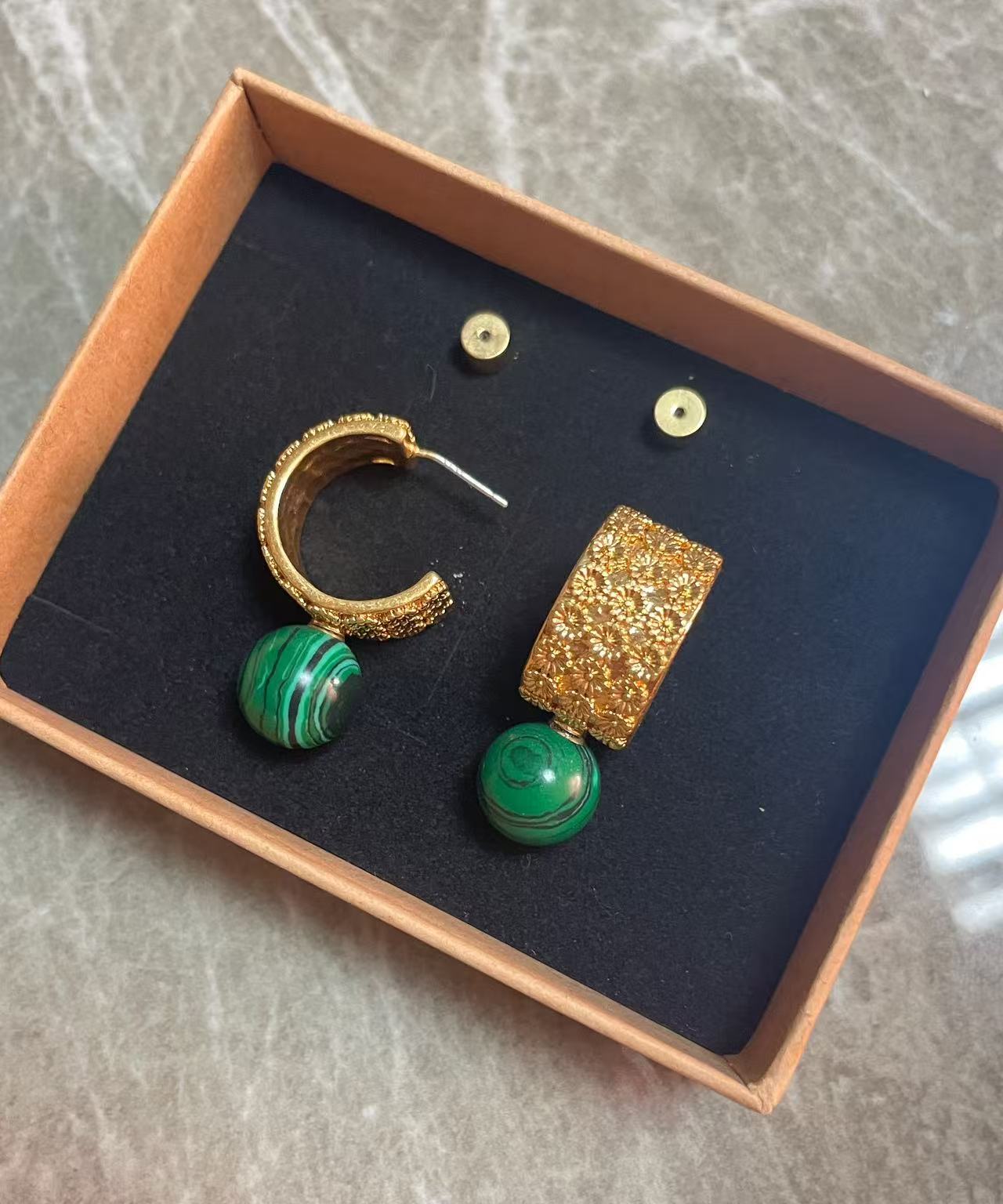 铜合金石英石耳饰 复古高级感立体花朵宽边绿珠C型耳圈气质时尚