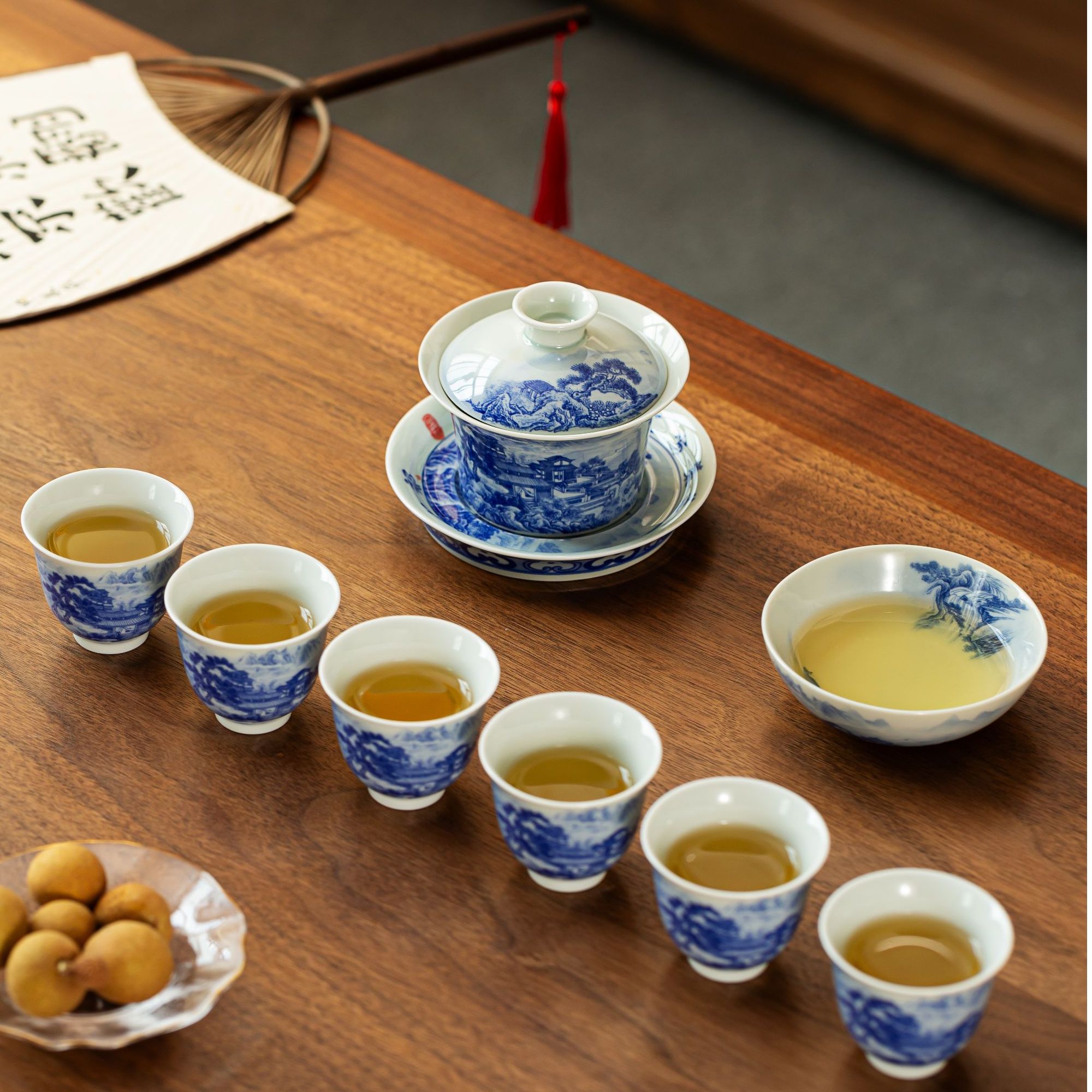 景德镇青花釉下蓬莱仙境青花山水礼盒套装八件套茶具高端送礼自用