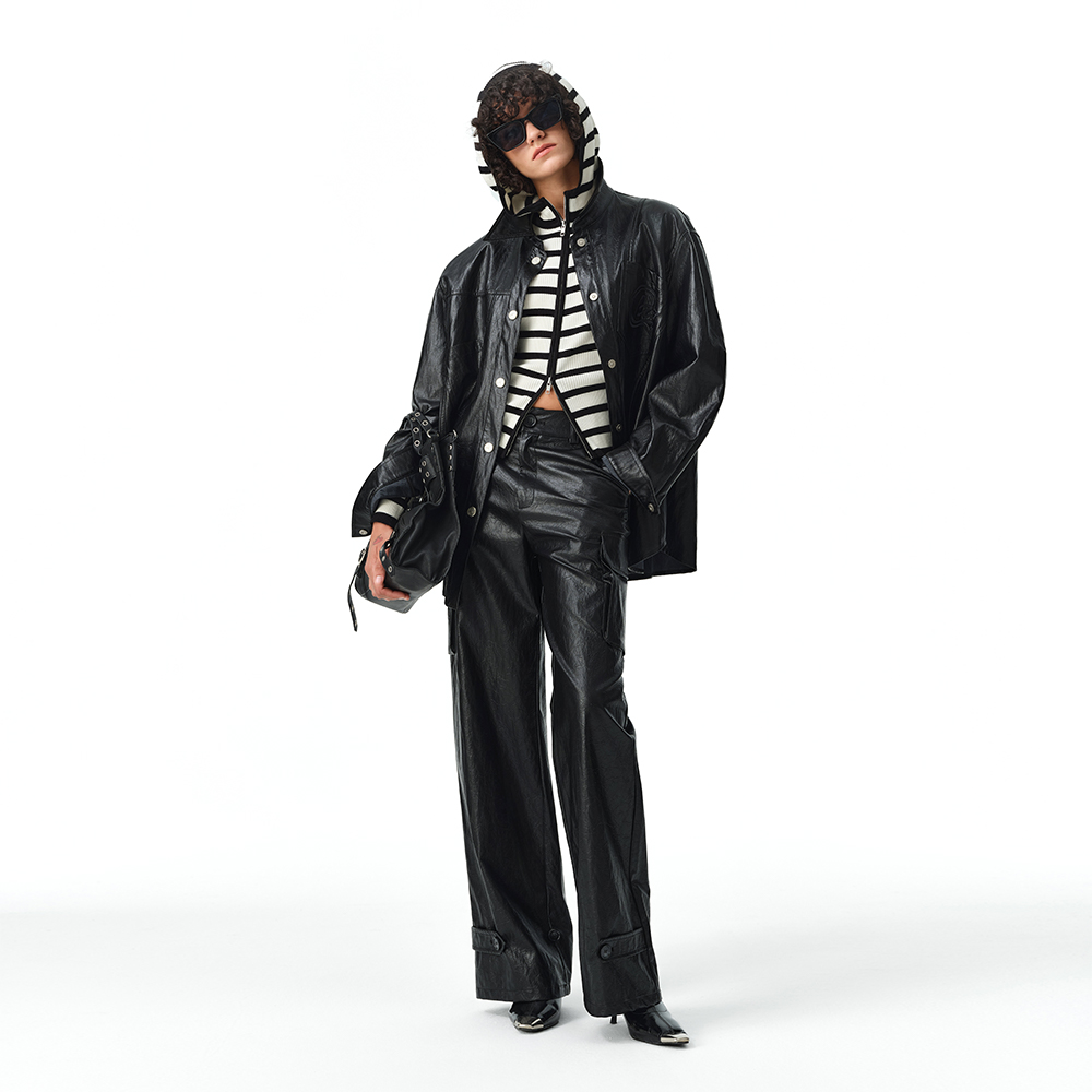 DI.AD 衬衫式pu皮外套2024秋季新款褶皱肌理感休闲廓形长袖皮衣