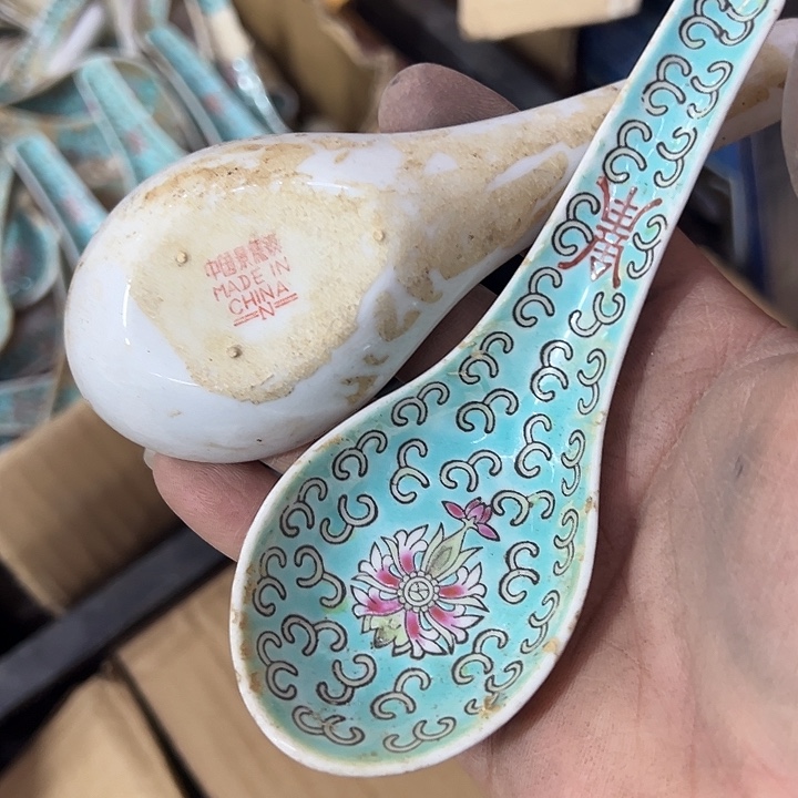 陶摆件2个绿洋莲小勺子景德镇