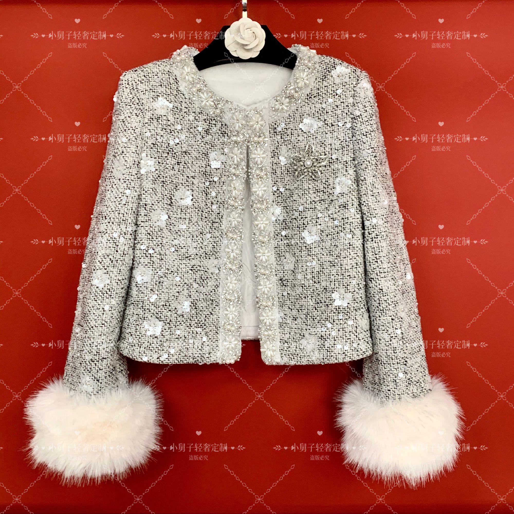 冬季加棉【月夜银霜】灰色轻奢时尚高级气质名媛钉珠女装小香风外套