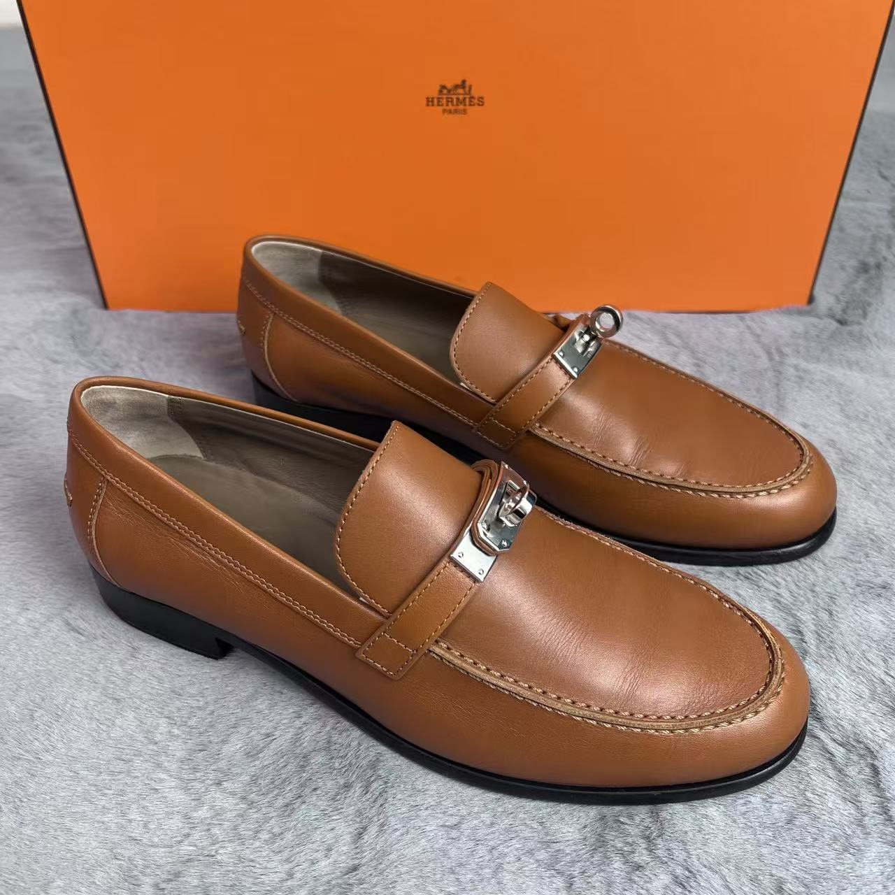 99新 Hermes/爱马仕 37码！爱马仕Destin皮革乐福鞋棕色女鞋皮鞋
