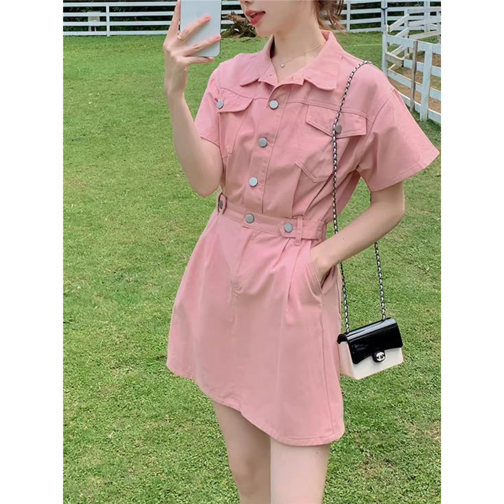 法式小众POLO领学生连衣裙女春夏小个子收腰显瘦复古韩版a字短裙