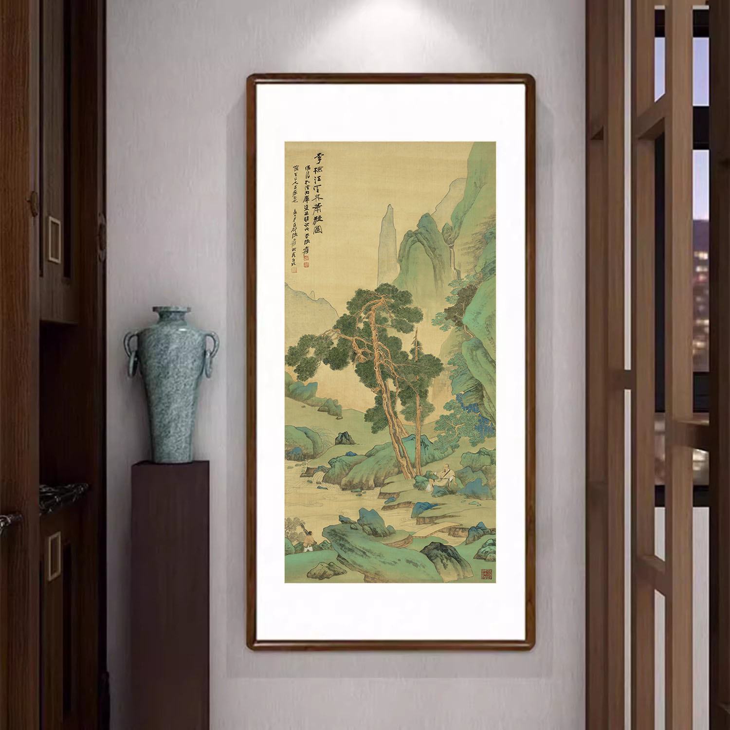 国画青绿山水画新中式竖版装饰画客厅玄关壁画办公室走廊过道挂画