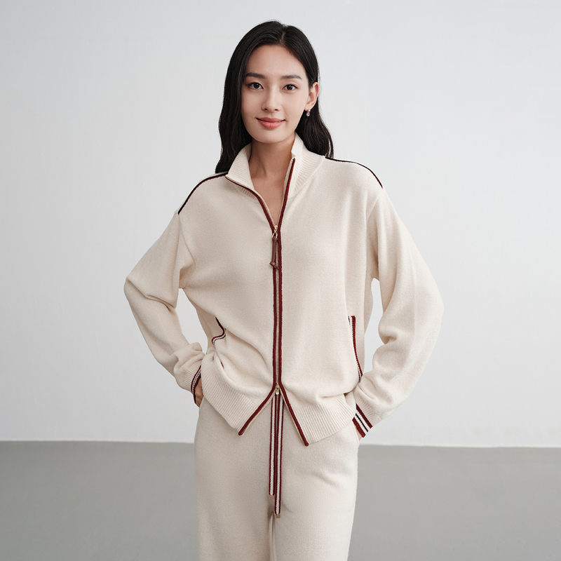 EP雅莹2025早秋新品 撞色边桑蚕丝羊毛混纺丝绒运动套装外套9123A