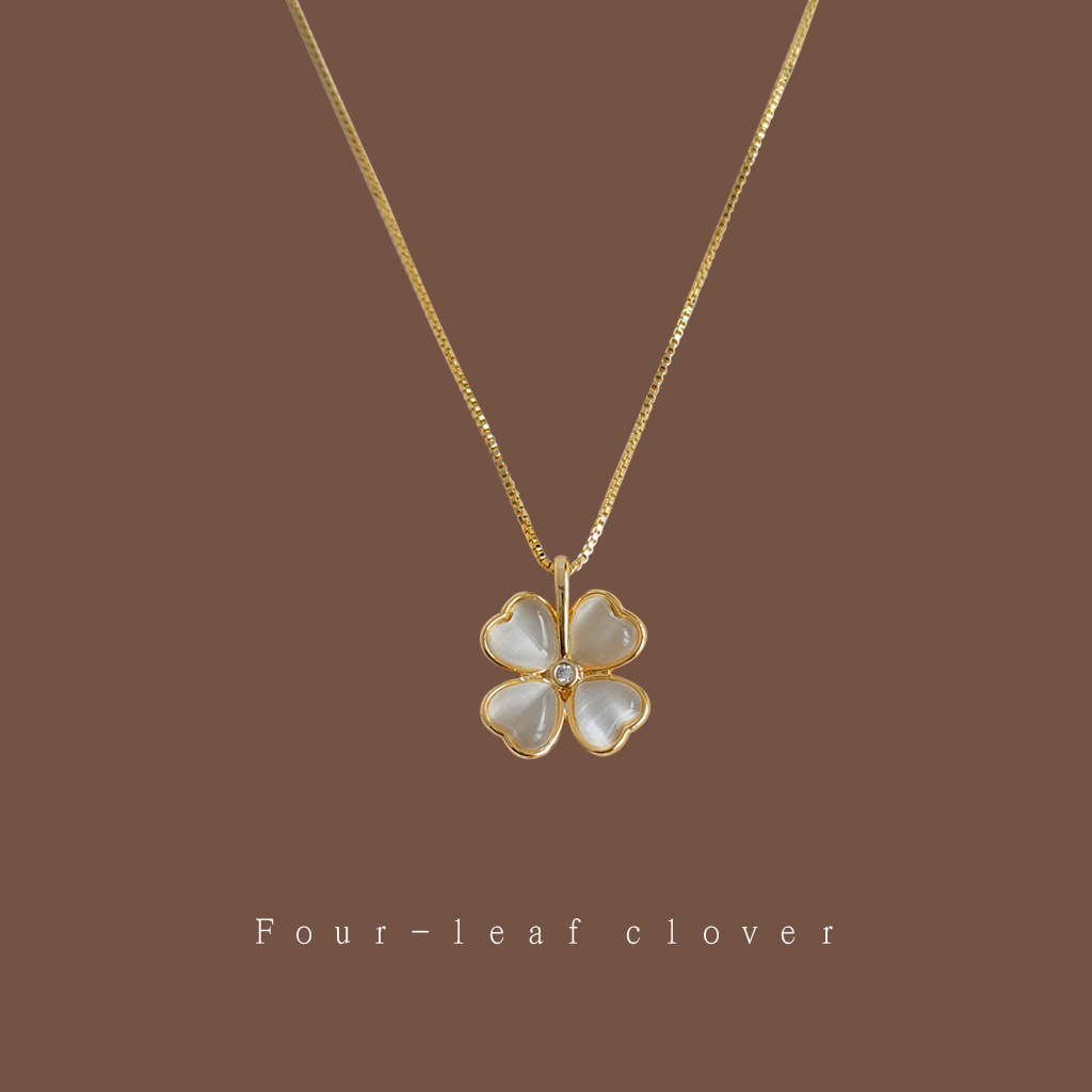 铜玻璃项链 四叶草幸运玻璃猫眼石镀14K锁骨链高级感百搭颈链女