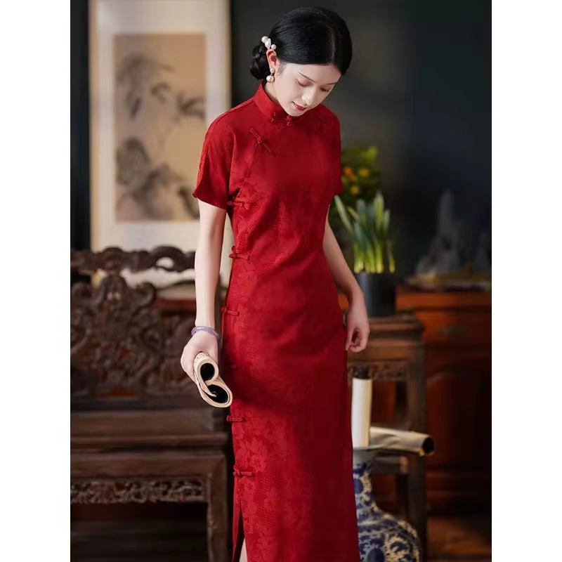 293-酒红 古法 全开襟 旗袍