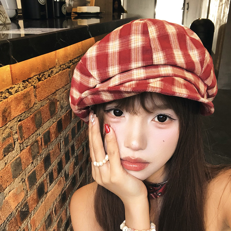 日系复古格子贝雷帽女夏季学院风画家帽大头围显脸小云朵八角帽子