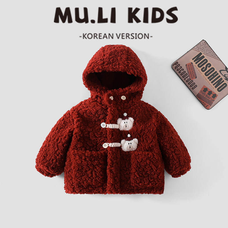 儿童羔羔毛毛衣外套新年冬款中小童加绒加厚过年玩偶连帽棉衣-096