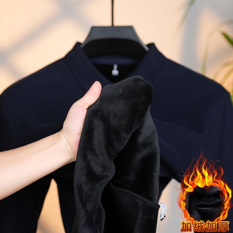 [纯棉加绒加厚]2025冬季爆款丝光精梳棉男士长袖商务纯色百搭POLO