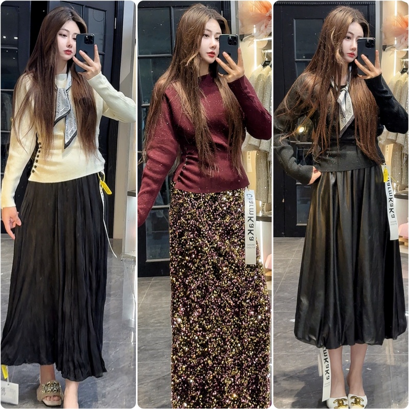 【风吟竹雨】63325亮丝不规则高腰毛衣配丝巾