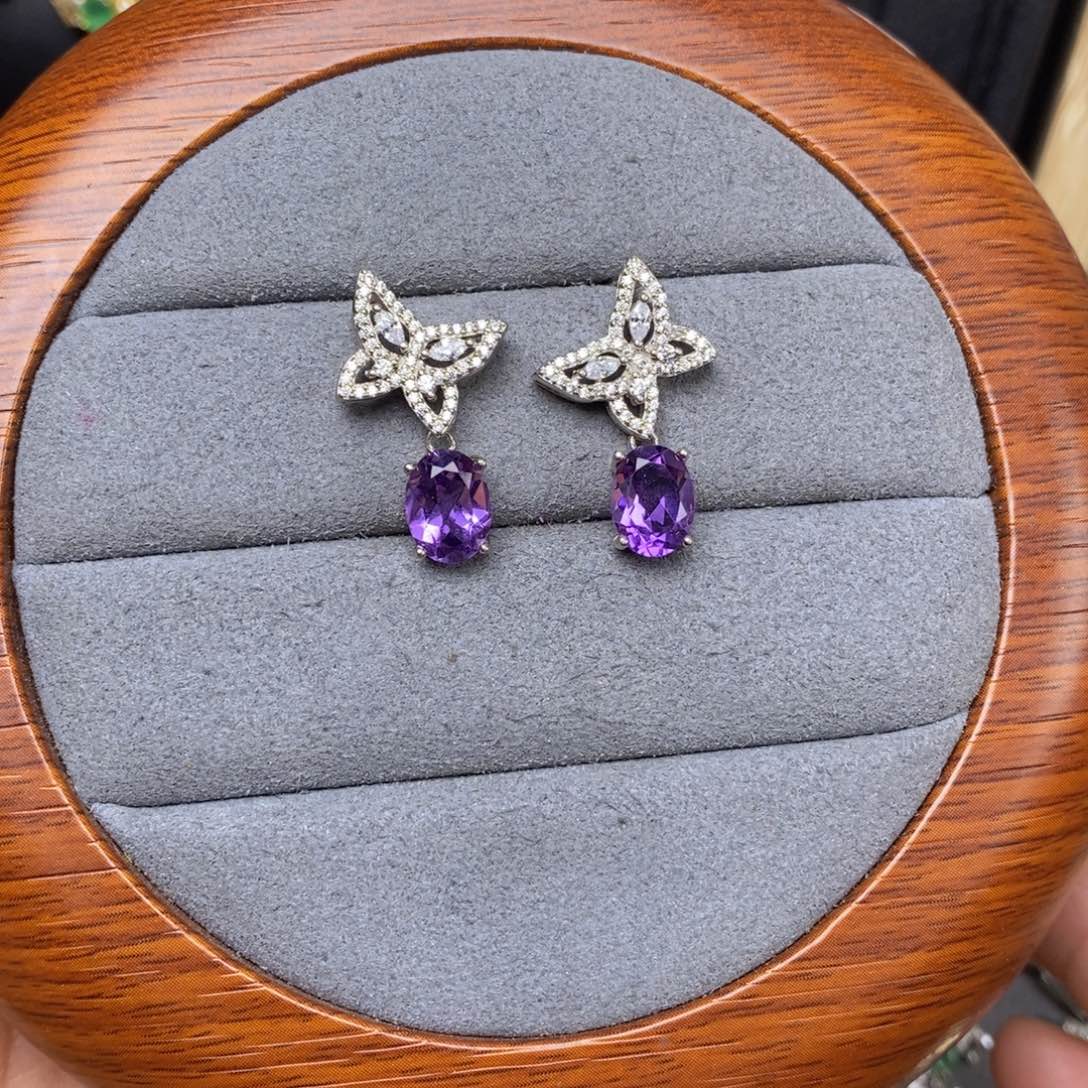 紫晶耳饰银S925镶嵌6✖️8