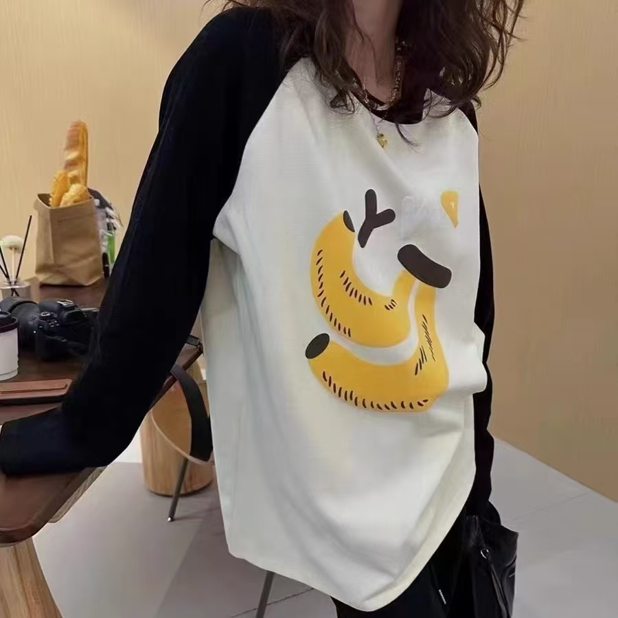 3236 撞色插肩长袖T恤女秋冬新款休闲宽松打底衫上衣 TX/1231